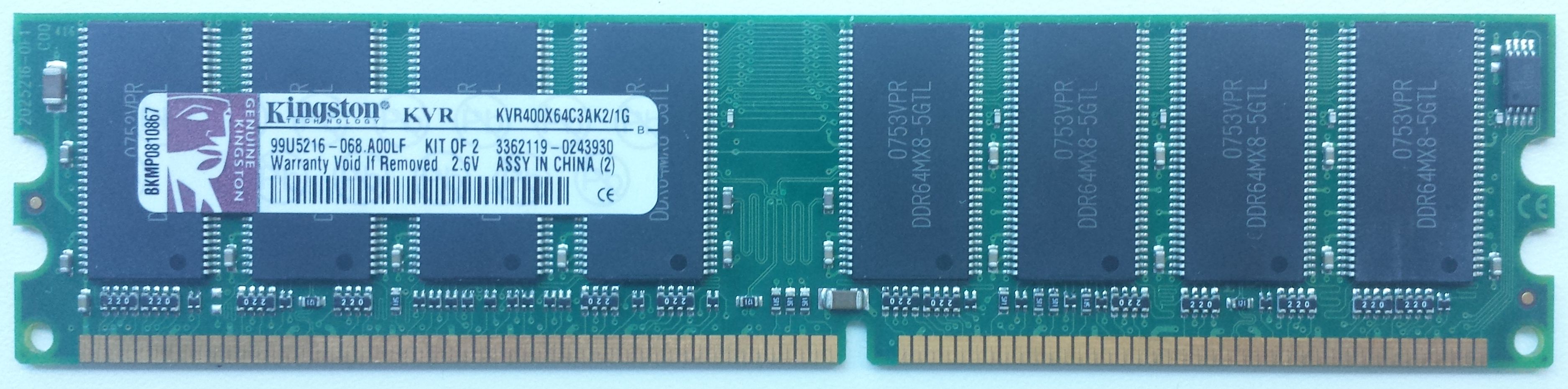 DDR 512MB 400Mhz-PC3200 / Kingston KVR400X64C3AK2/1G