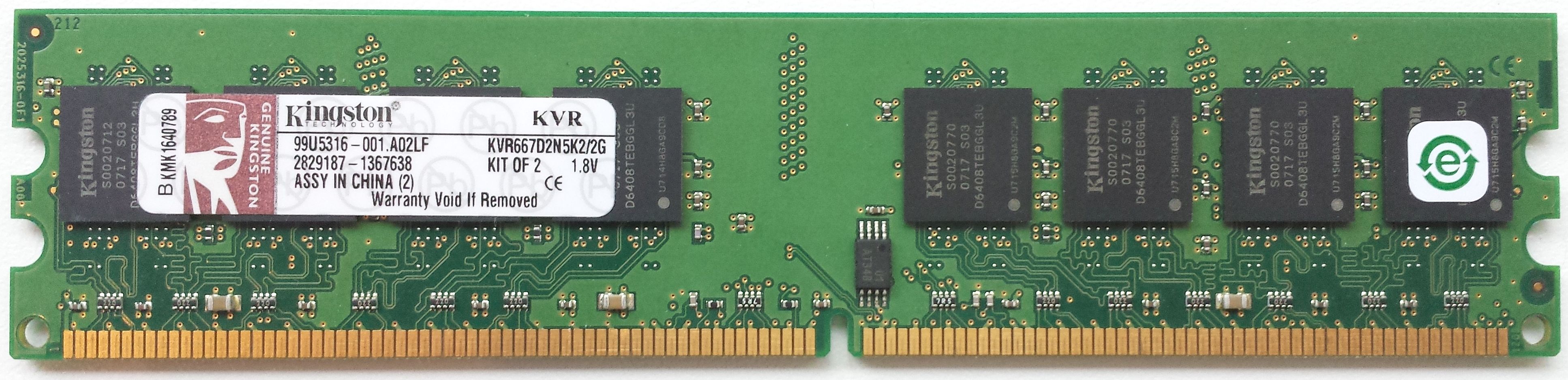 DDR2 1GB 667Mhz-PC5300 / Kingston KVR667D2N5K2/2G