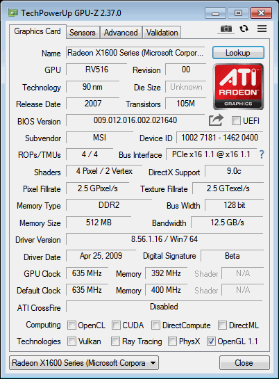 X1600 MSI GPUZ