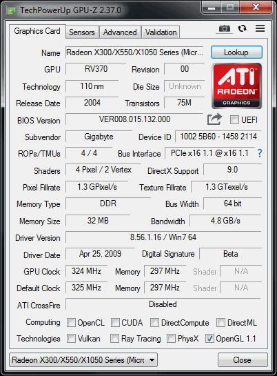 X300SE GIGABYTE GPUZ