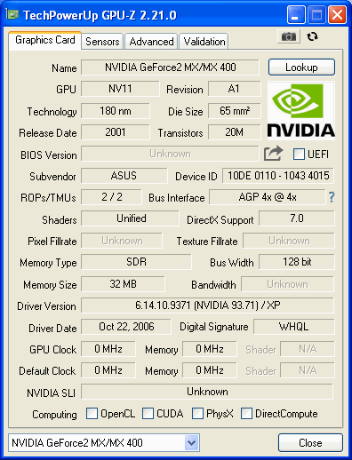 MX400 ASUS V7100 32MB GPUZ