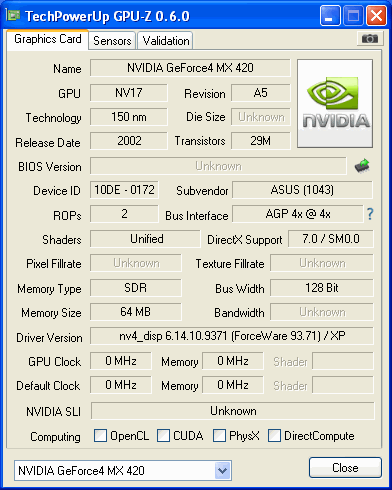 MX420 ASUS V8170 GPUZ