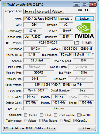 8600GTS NVIDEA GPUZ