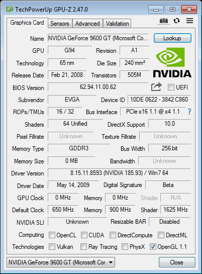 9600GT EVGA GPUZ