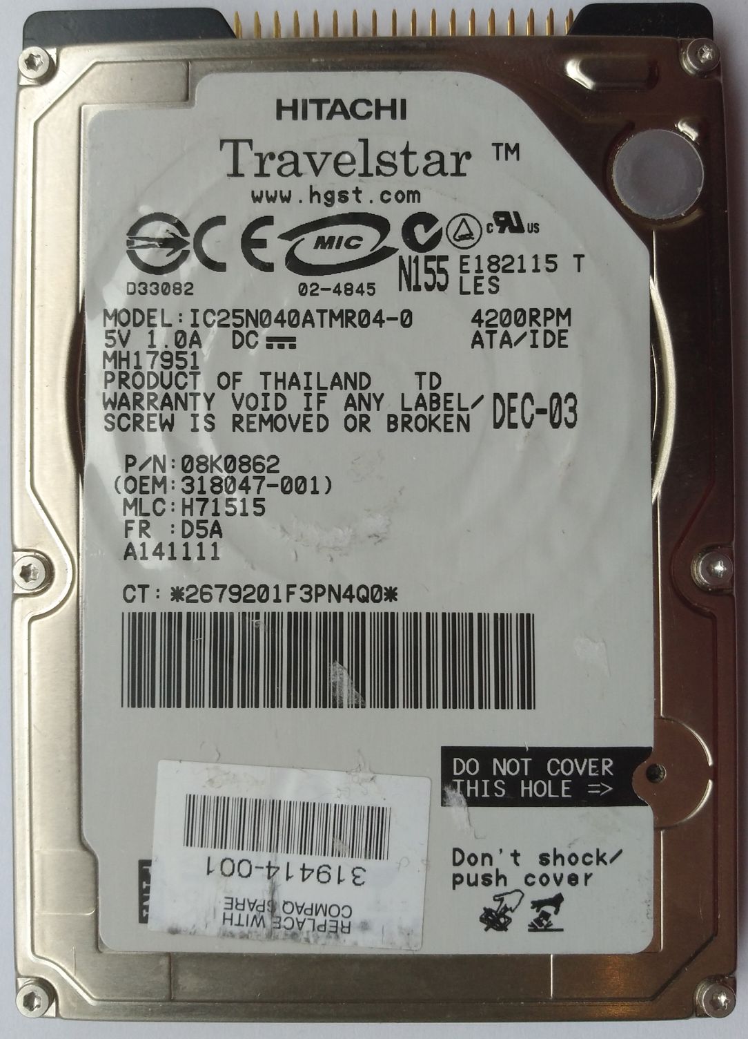 HDD PATA/100 2.5" 40GB / Hitachi Travelstar (IC25N040ATMR04)