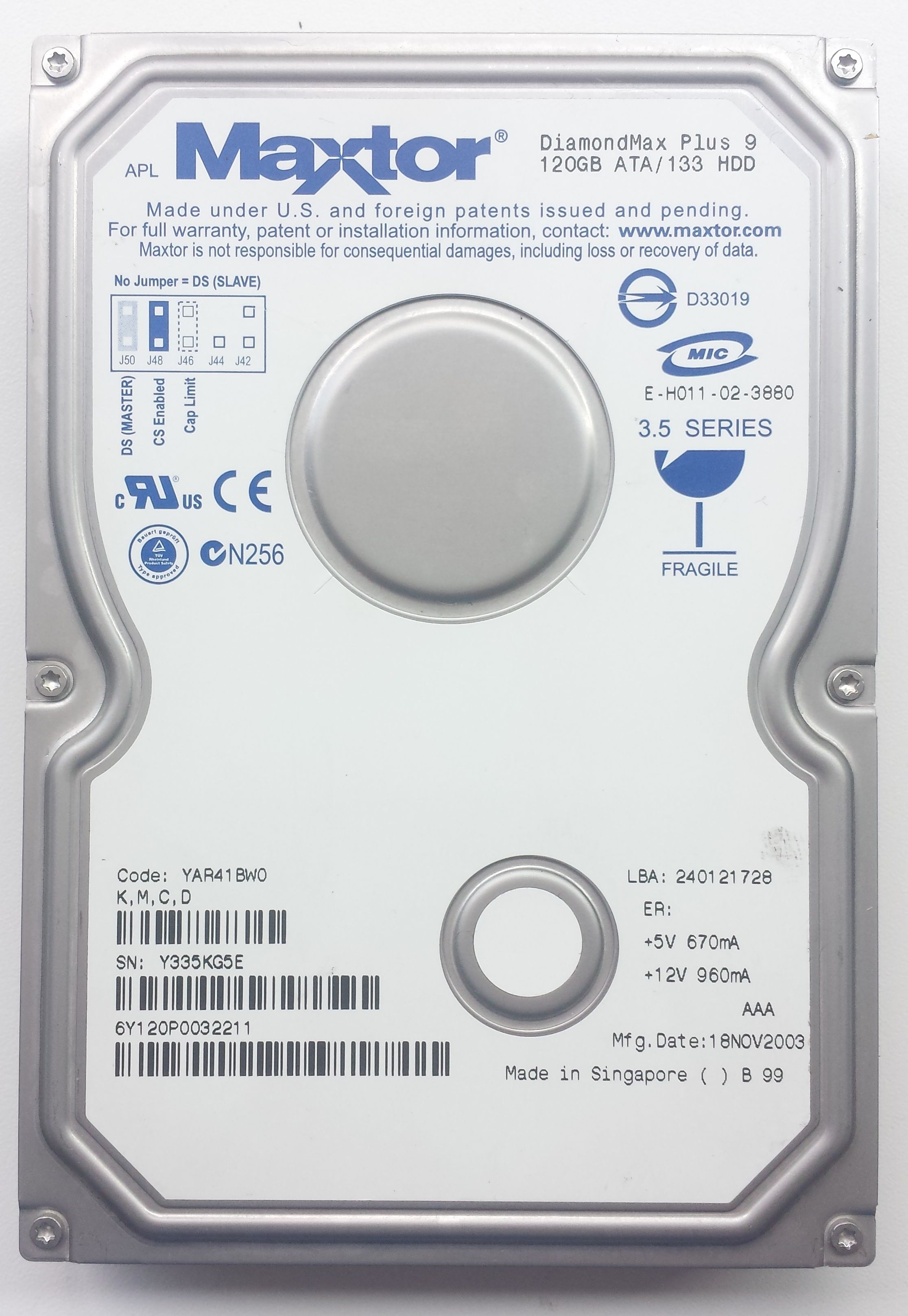 HDD SATA/150 3.5" 120GB / Maxtor DiamondMax Plus 9 (6Y120M0)