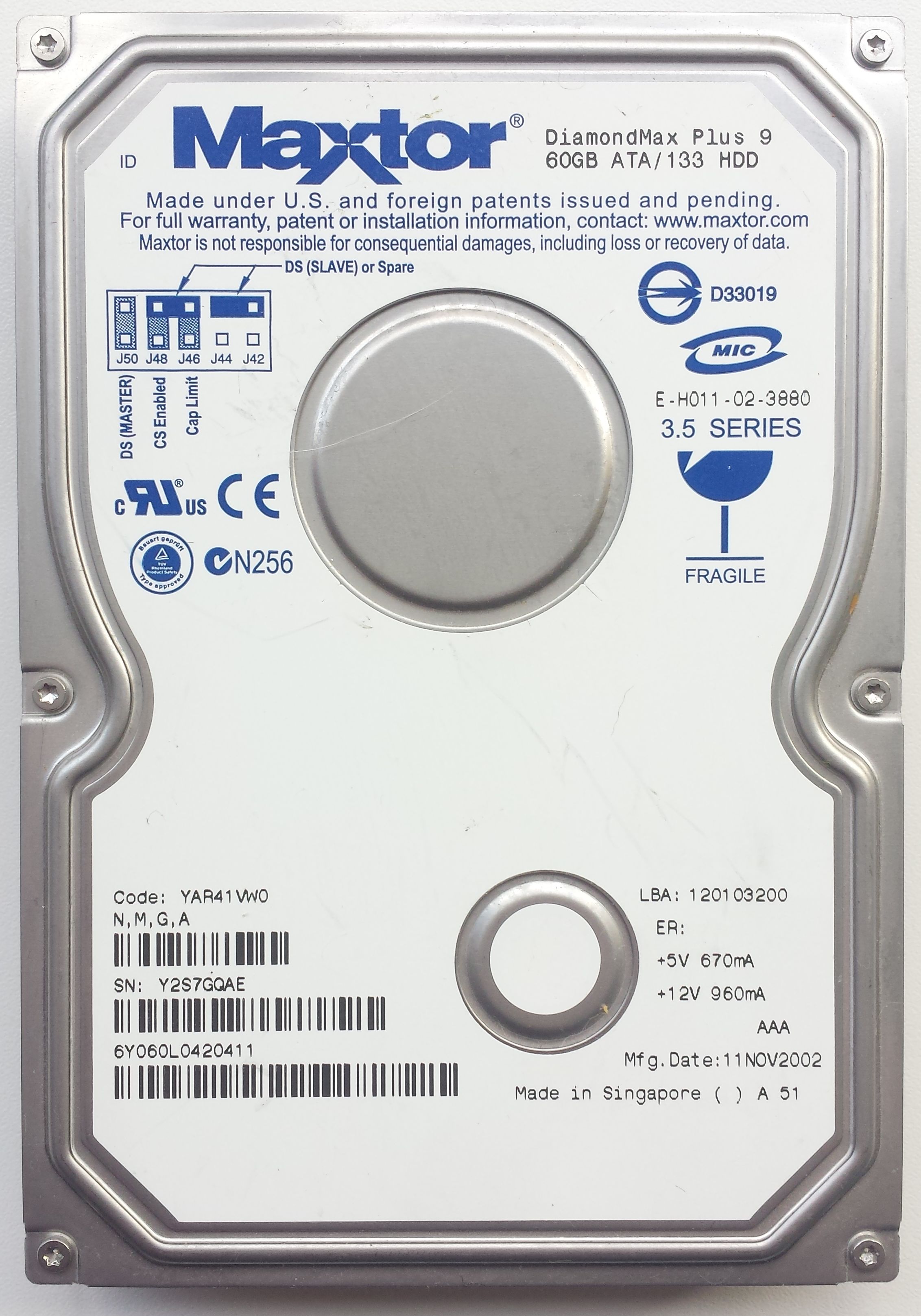 HDD PATA/133 3.5" 60GB / Maxtor DiamondMax Plus 9 (6Y060L04)