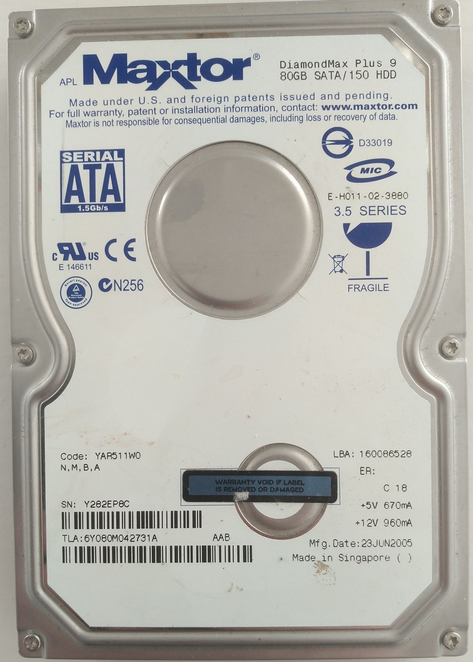 HDD SATA/150 3.5" 80GB / Maxtor DiamondMax Plus 9 (6Y080M0)