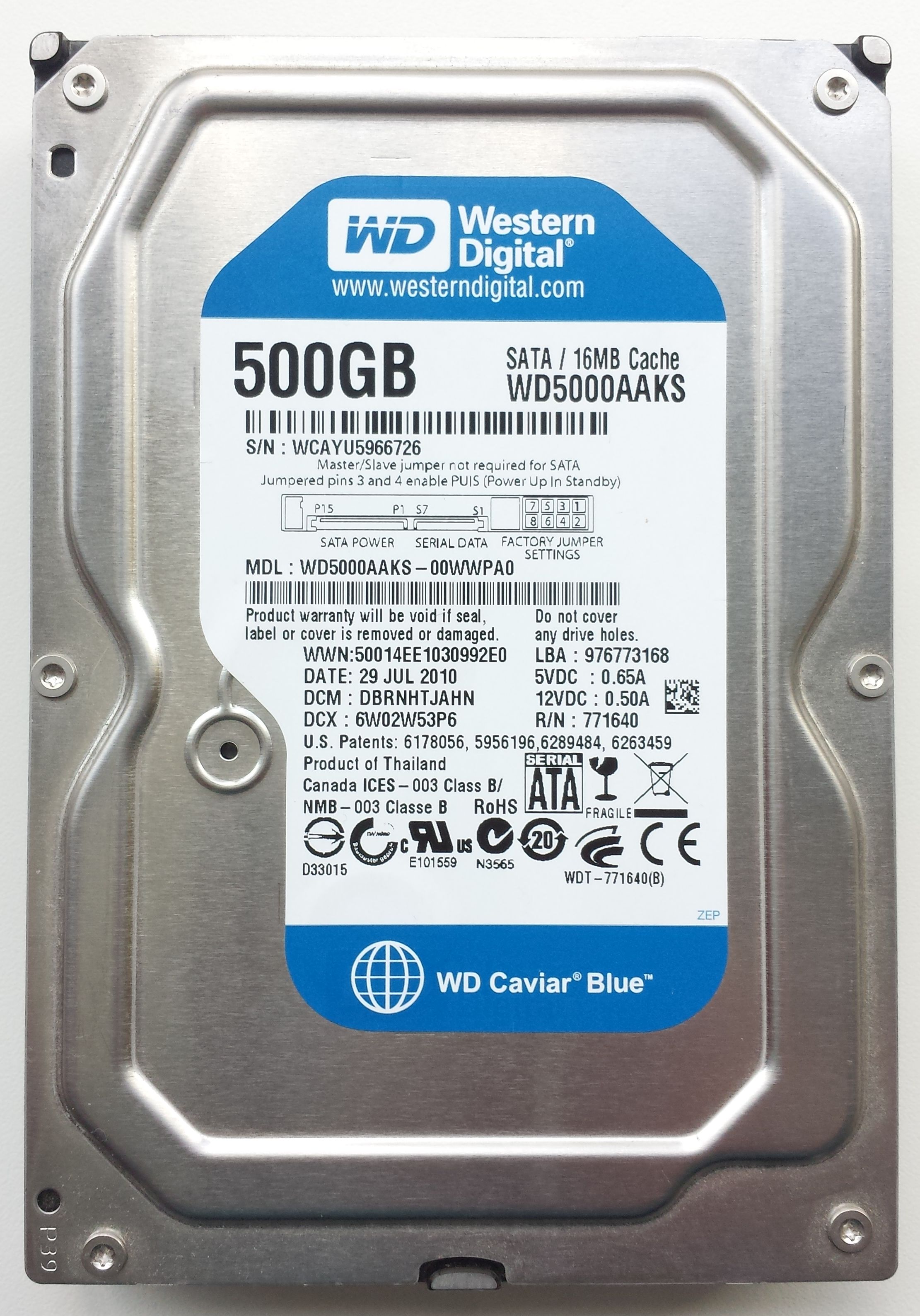 HDD SATA/300 3.5" 500GB / Western Digital Caviar Blue (WD5000AAKS)