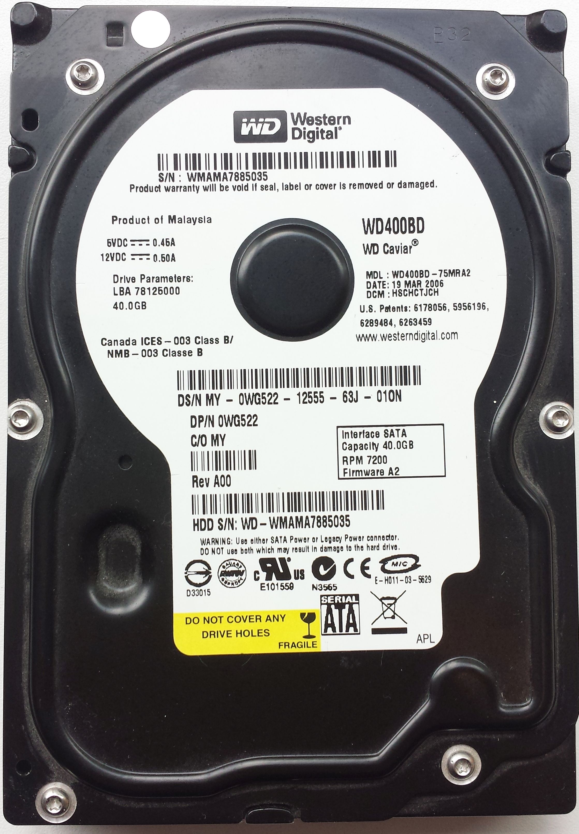 HDD SATA/300 3.5" 40GB / Western Digital Caviar (WD400BD)