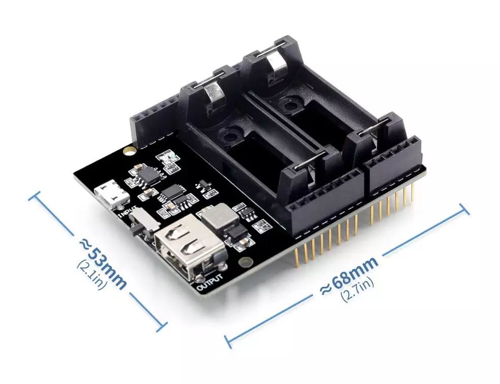 Arduino powerbank shield dual 16340 Li-ion cell afmetingen