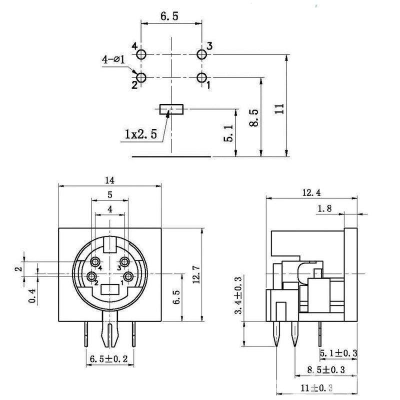 DIN-4 mini connector zwart PCB afmetingen