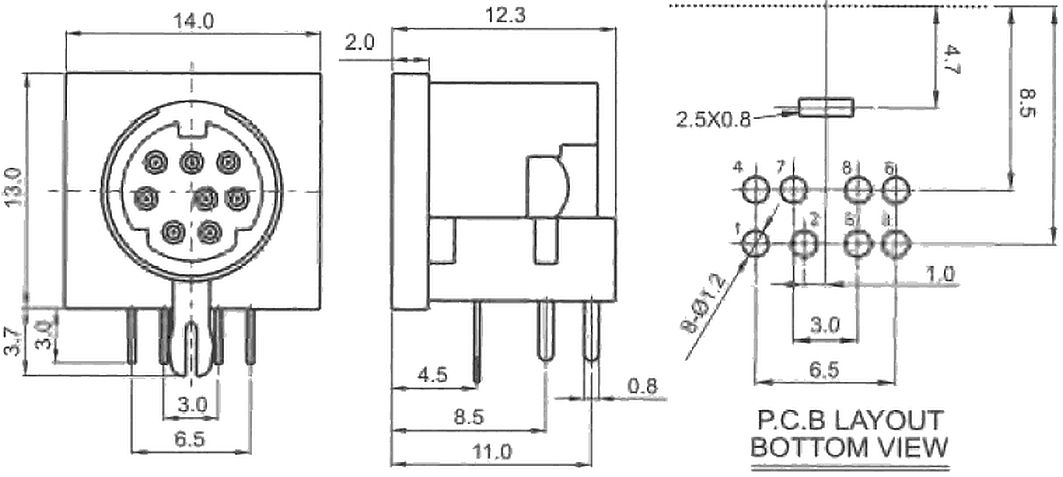 DIN-8 mini connector zwart PCB (S-video) afmetingen