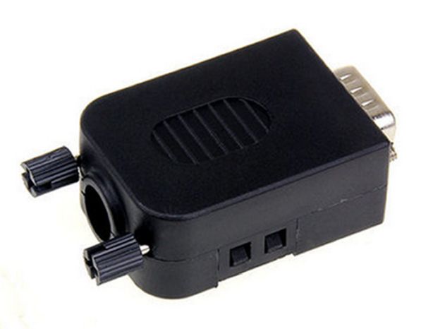 Serieel DB9 RS232 connector male met schroef terminals (side screws) achterkant schuin