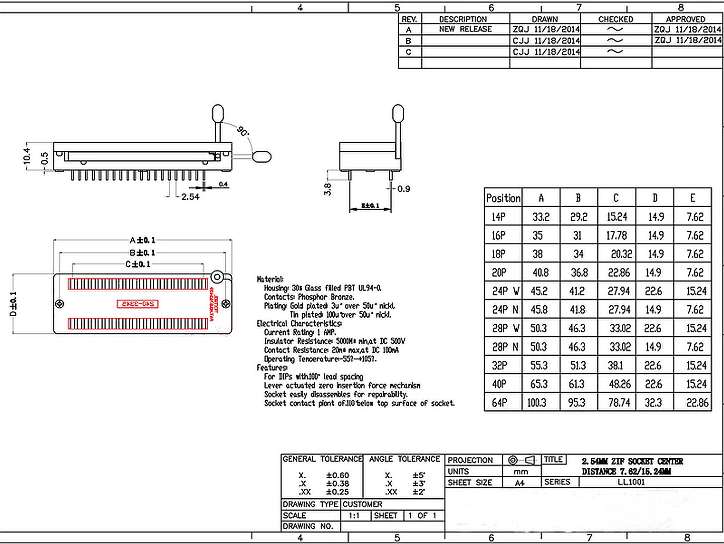 IC voet DIP-14 ZIF afmetingen