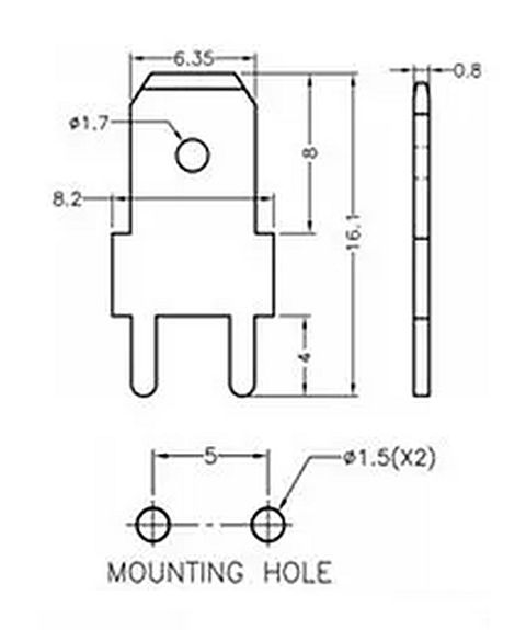 Kabelschoen lip male PCB-250 afmetingen