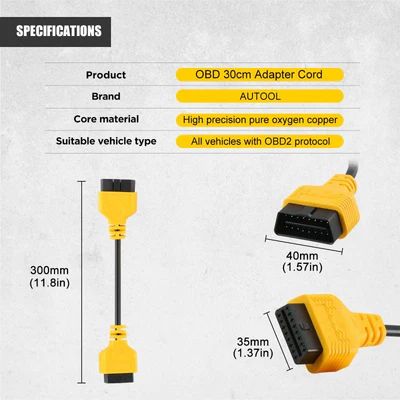 OBD2 16-pin verlengkabel geel afmetingen