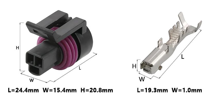 Automotive Delphi Packard Metri-Pack P2S connector 3-pin female afmetingen