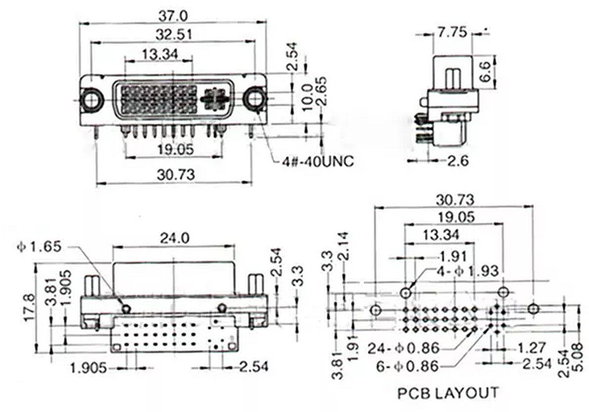 DVI 24+5 Female connector PCB afmetingen