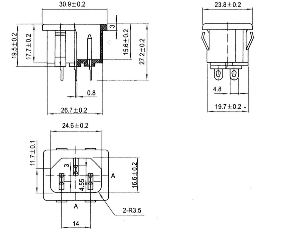 Power connector C14 male plug inbouw push-in afmetingen