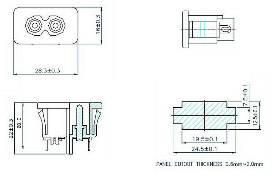 Power connector Eurostekker female plug C8 inbouw push-in afmetingen