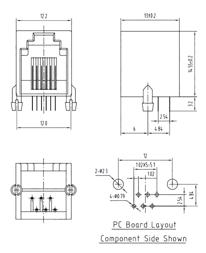 RJ connector 6P6C female grijs RJ12 PCB afmetingen