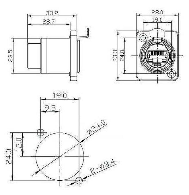 RJ connector 8P8C female inbouw terminal waterdicht IP65 afmetingen