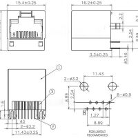 RJ connector 8P8C female plastic zwart verticaal PCB (RJ45-RJ48) maten