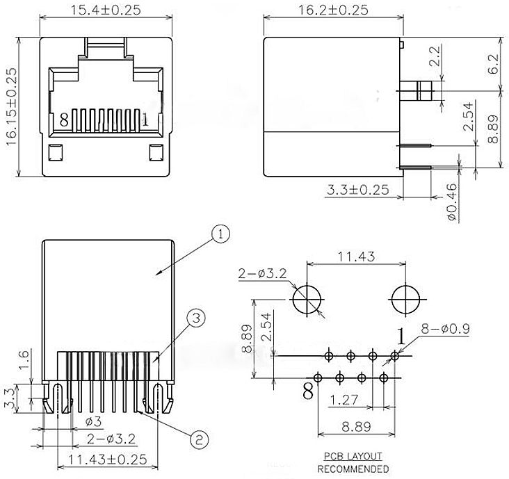 RJ connector 8P8C female plastic zwart verticaal PCB (RJ45-RJ48) maten