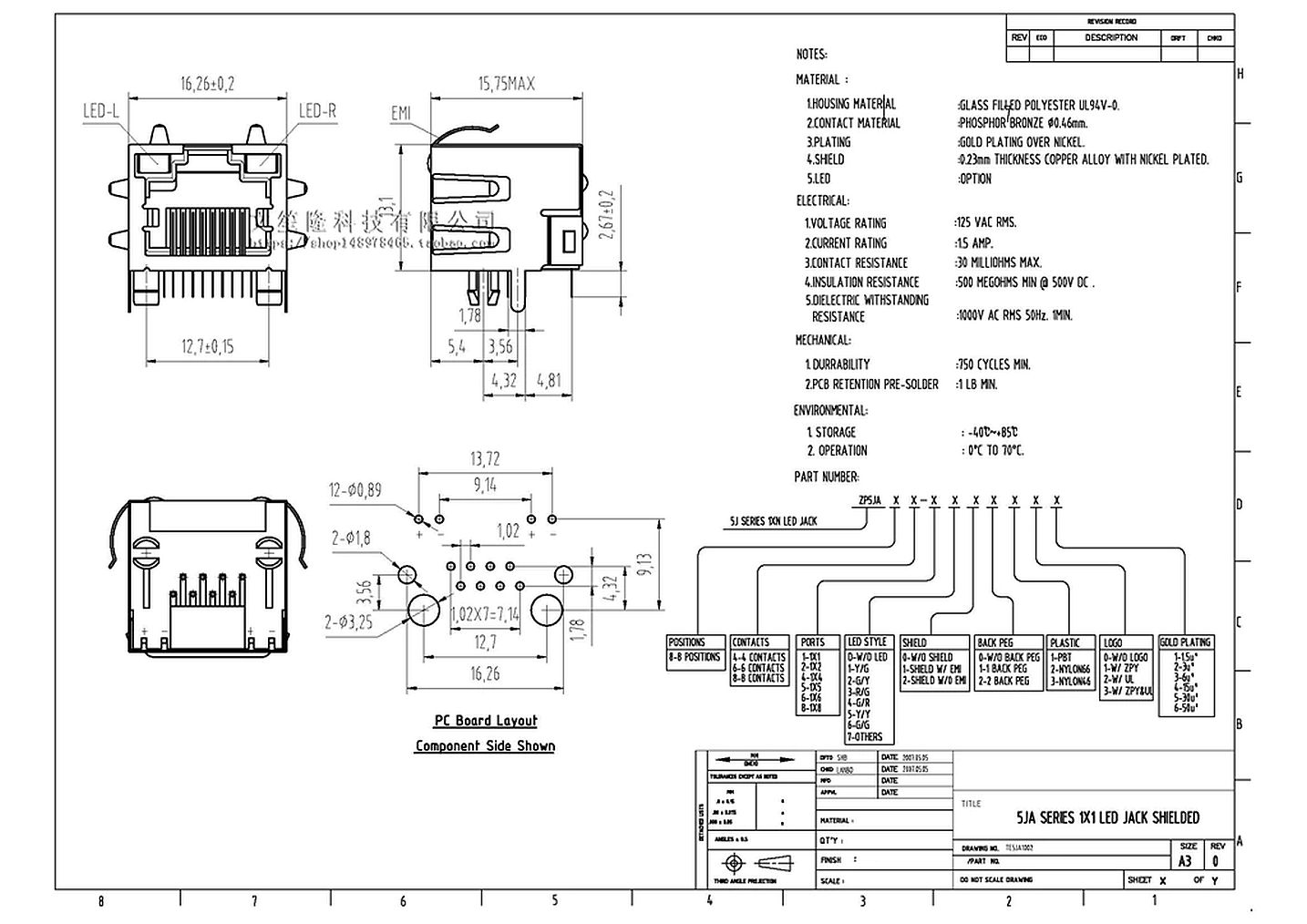 RJ45 connector 8P8C female metaal met leds PCB 2 afmetingen