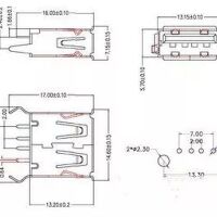 USB-A connector female verticaal PCB THT afmetingen