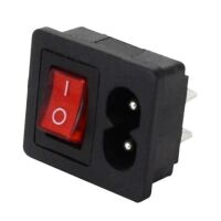 Power connector Eurostekker C8 male plug met tuimel schakelaar rood/lamp inbouw