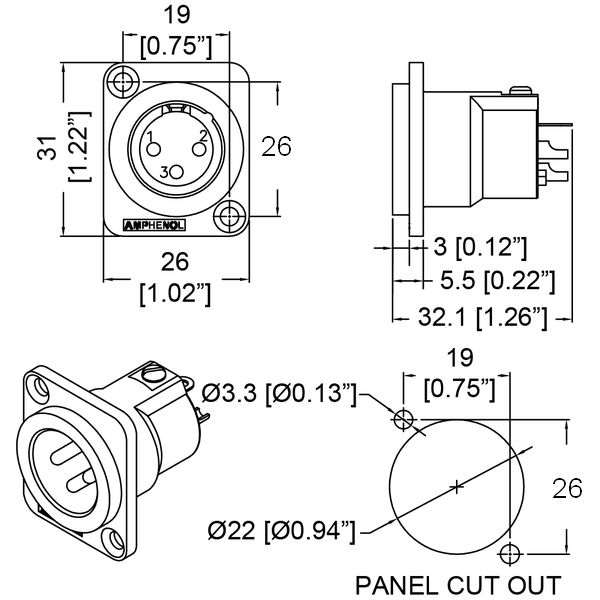 XLR 3-pin connector female met kap zwart C1039 afmetingen