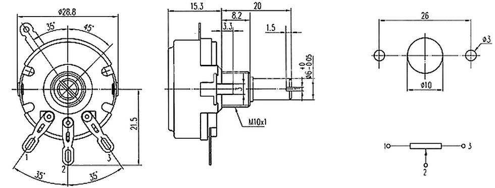 Potmeter 2W WTH118 afmetingen