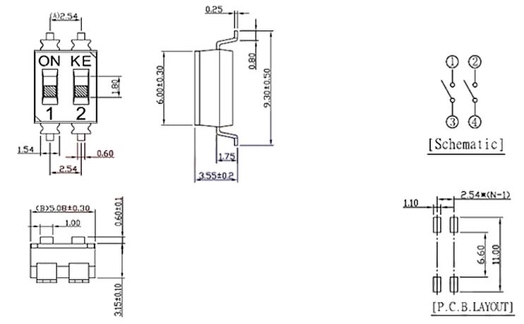 DIP-switch 2-polig zwart SMD (2