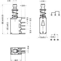 Drukknop Schakelaar 3-pins vasthoudend PCB A05 afmetingen