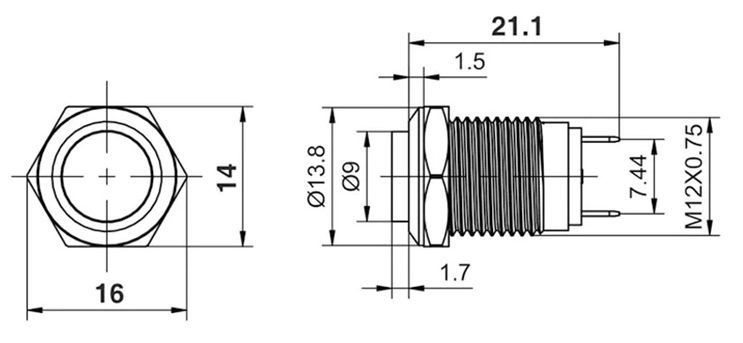 Drukknop Schakelaar terugverend 12mm messing met nikkellaag RL12C afmetingen