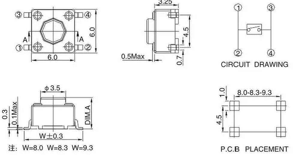 Micro Drukknop Schakelaar 6x6x5mm hoog 4-pins SMD afmetingen