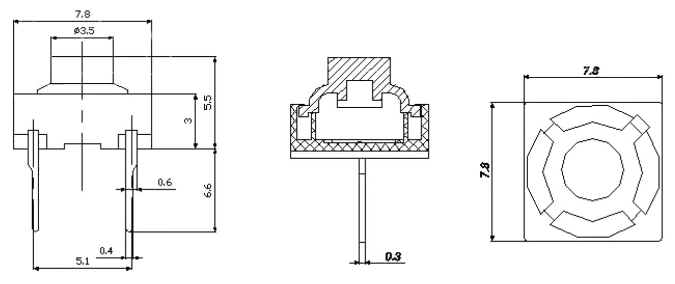 Micro Drukknop Schakelaar Siliconen 8x8x5mm hoog 2-pin afmetingen