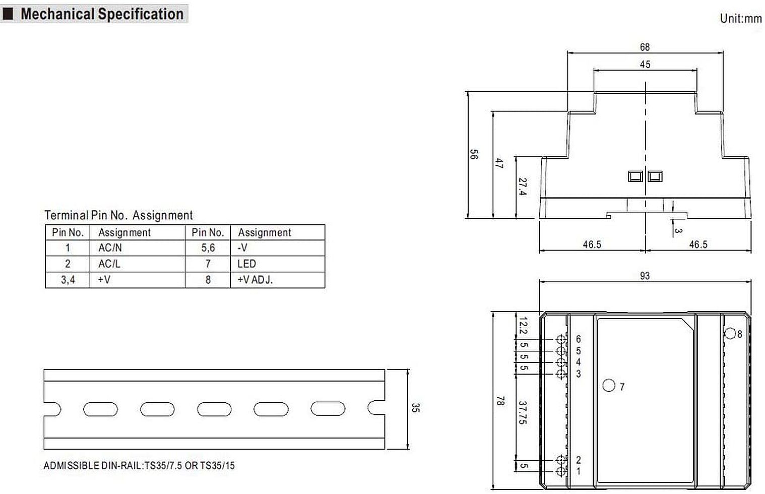 Mean Well DR-45 DR-60 series afmetingen