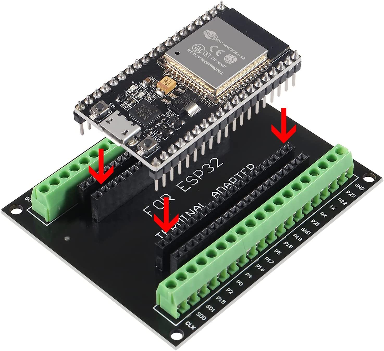 ESP32 microcontroller module terminal adapter voorbeeld