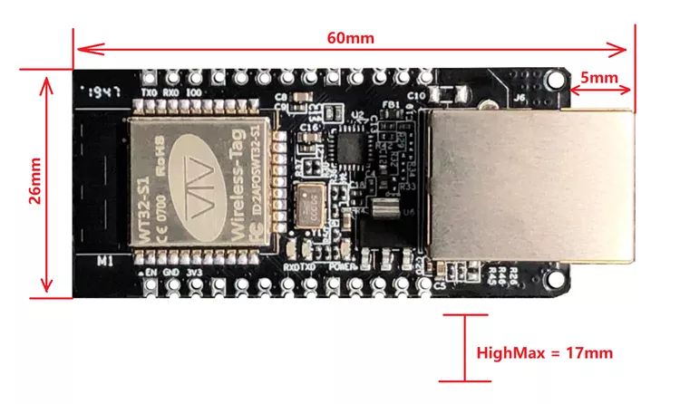 WT32 ETH01 ESP32 Ethernet board afmetingen