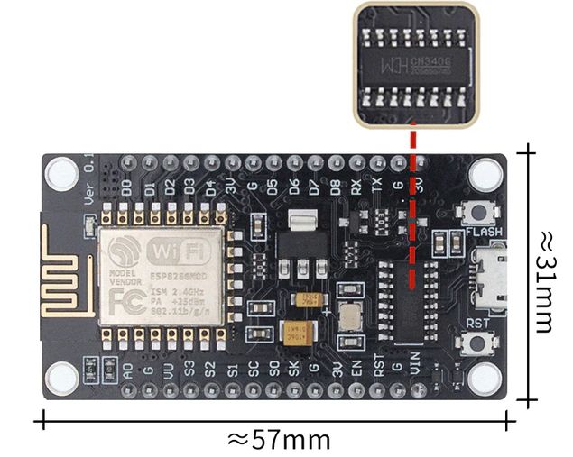 ESP8266 NodeMcu CH340 Geekcreit afmetingen