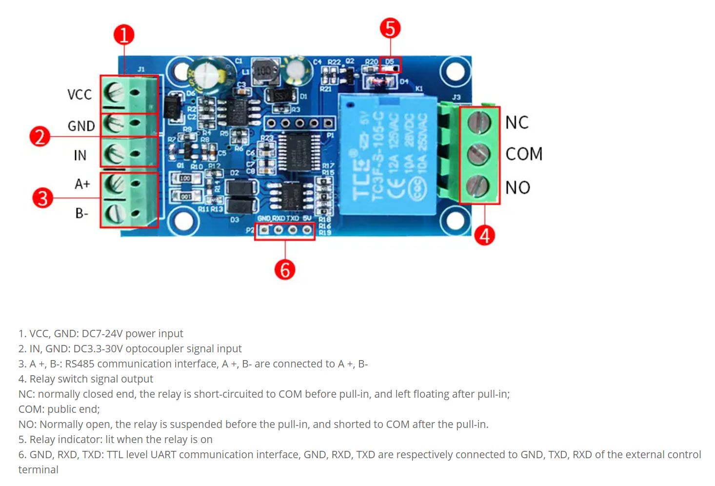 Modbus RS485 RTU Relais module 5V 1x250V-10A pinout