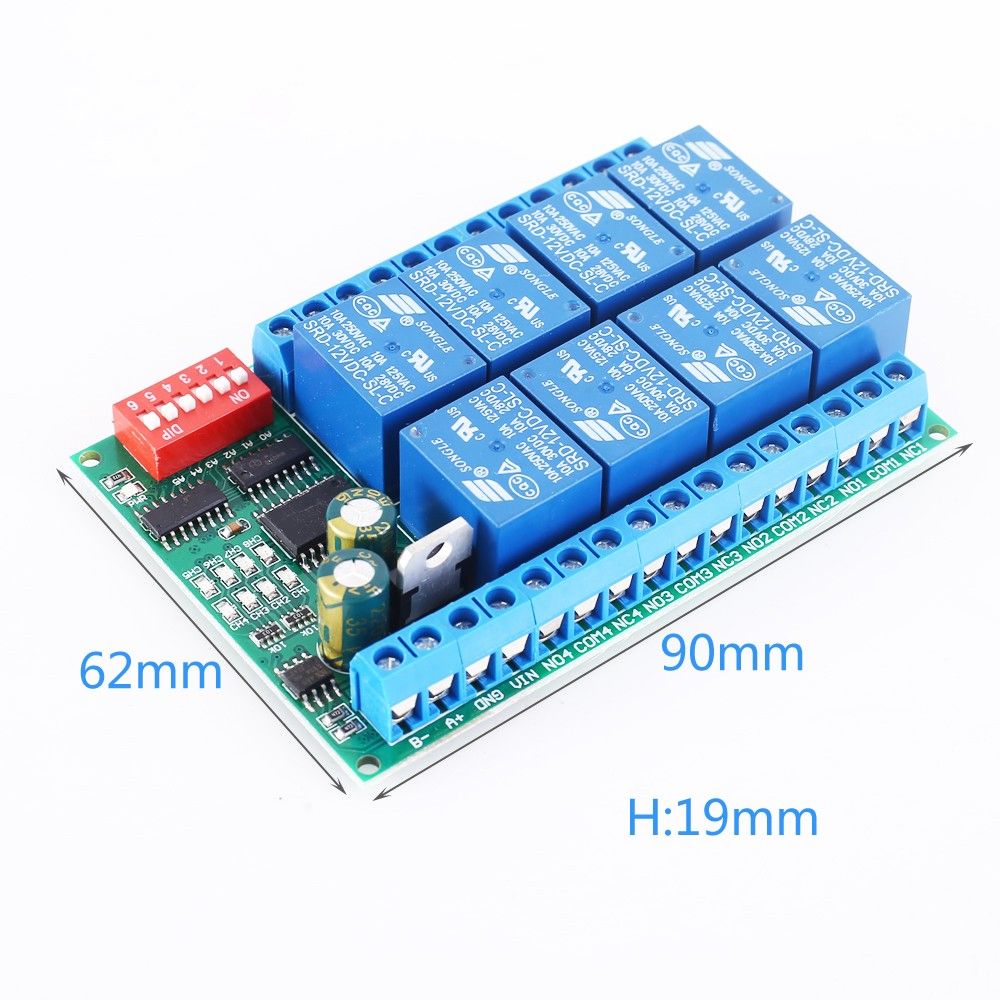 Modbus RS485 Relais module 12V, 8x250V10A NO-NC afmetingen