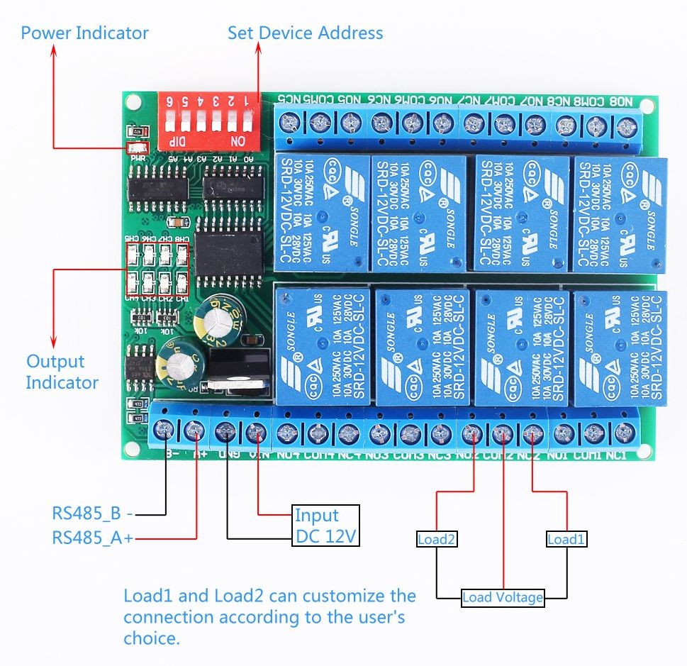 Modbus RS485 Relais module 12V, 8x250V10A NO-NC pinout