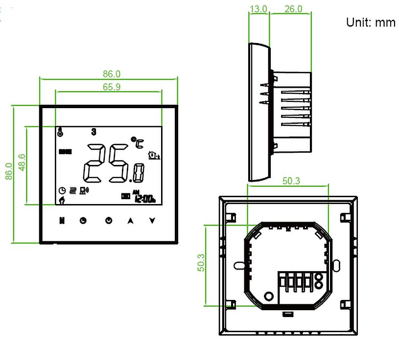 Modbus RS485 Thermostaat BHT-1000GCLN afmetingen