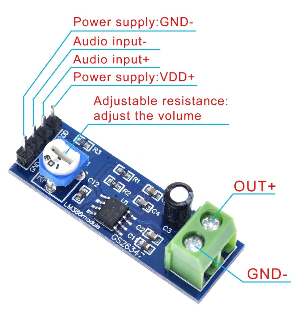 Audio versterker module 20x versterking met volumeregeling 5-12V LM386 pinout