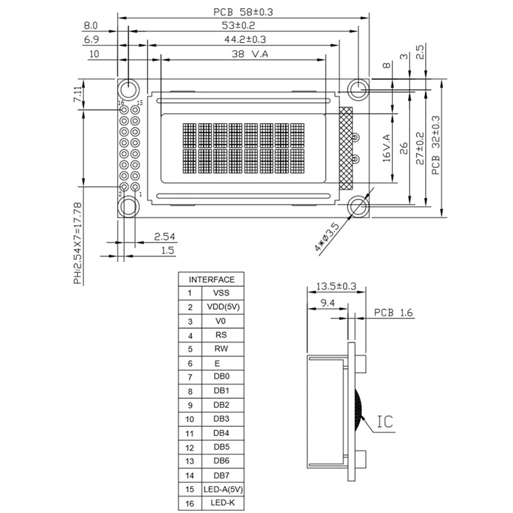 Display LCD 0802 8x2 karakters module wit op blauw SPLC780D interface afmetingen