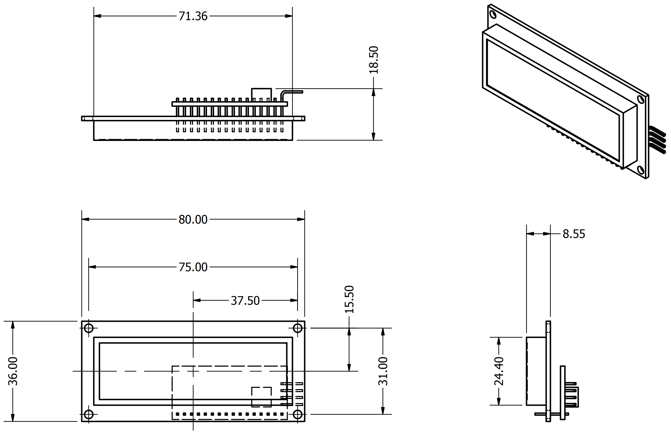 Display LCD 1602 16x2 karakters module met I2C interface afmetingen